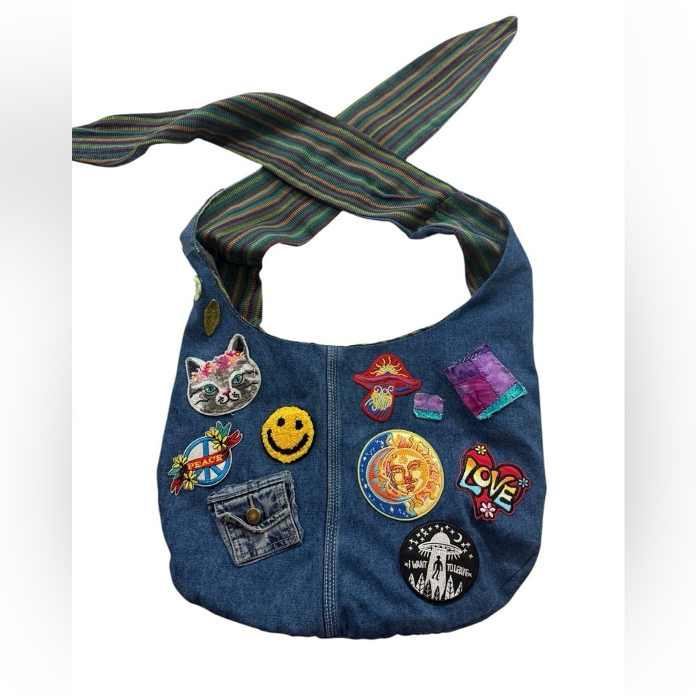 Handmade Upcycled Denim Patchwork Hobo Shoulder Bag Boho Festival Purse